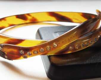 Vintage Celluloid Tortoiseshell Rhinestone Snake Bracelet 1920's Celluloid Bracelet