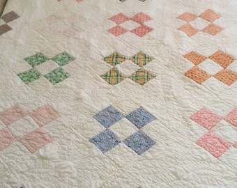 Lovely Traditional Nine-Patch in Vintage Fabrics - Feather Quilting = Simply Special!