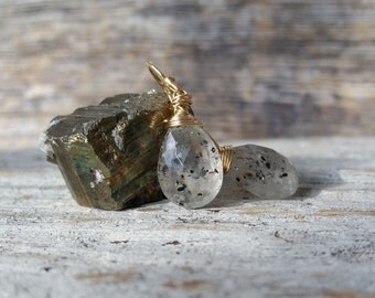 Rare Spotted Moss Rutilated Quartz Earrings, Gold Filled Earrings, Black and White Earrings, Natural Large Rutile Quartz Gemstone Drops