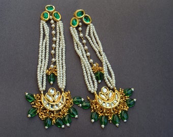 Long Kundan Earrings, Indian Jewelry, Gold Statement Earrings, Bridal Jewelry, Pearl Earrings, Green Emerald Dangle Earrings, Indian Wedding