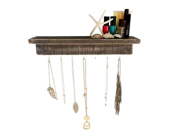 Reclaimed Wood Necklace Holder with Shelf - dark wood shelf floating shelf floating shelves bathroom shelf nail polish rack necklace hanger