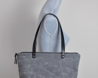 Grey and Black Waxed Canvas Zippered Tote Bag Purse with Black Leather Handles