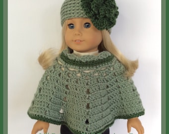Handmade Doll Clothes Made To Fit American Girl, Crochet 2 Pc Poncho Set, Woodlands Heather 18 Inch