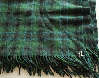 Plaid Green, Blue & Black Thick Wool Throw- Excellent Condition
