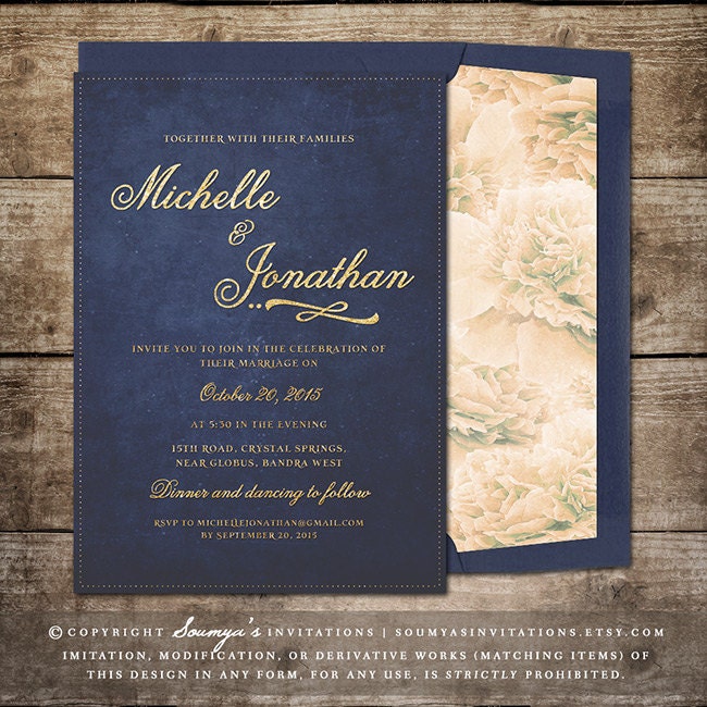 Blue Gold Wedding Invitations 9