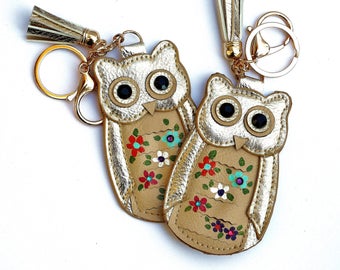 Owl Tassel Keychain Key Holder Painted Flowers Boho Chic Accessories FREE SHIPPING