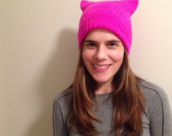 Bright pink pussy hat 100% Merino wool soft and warm quality made knit to order