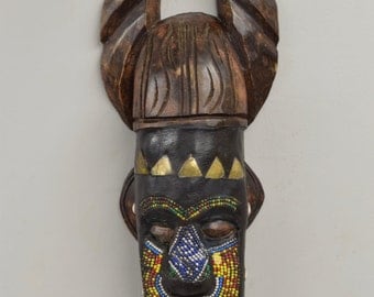 African Mask Ashanti Horned Wood Brass Blue White Beaded Mask Ghana Handmade Queen Mask Ceremonial Ancestor Mask Unique Statement