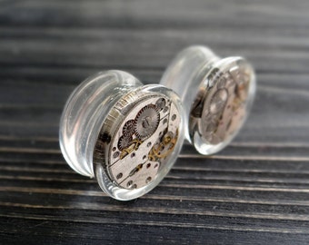 Steampunk jewelry ear plugs resin plugs and tunnels anniversary gifts for boyfriend steampunk plugs watch movement ear gauges steam gauge