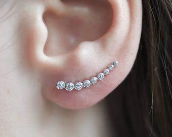 Silver Ear Climbers, Tiny CZ Ear Climbers, Crystal Earrings, Delicate Ear Climbers, Wedding Jewelry, Prom Jewelry, Trendy Stylish Earrings.