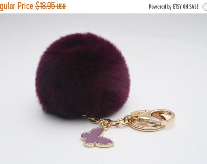 Butterfly Collection Electric Purple fur pom pom keychain REX Rabbit fur pom pom ball with butterfly charm