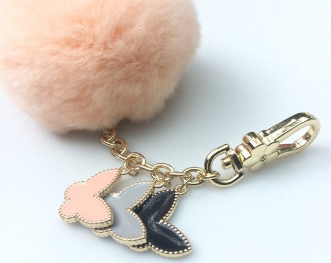 Peach Rex Rabbit Fur Pompon bag charm pendant Fur Pom Pom keychain with 3 butterfly charms