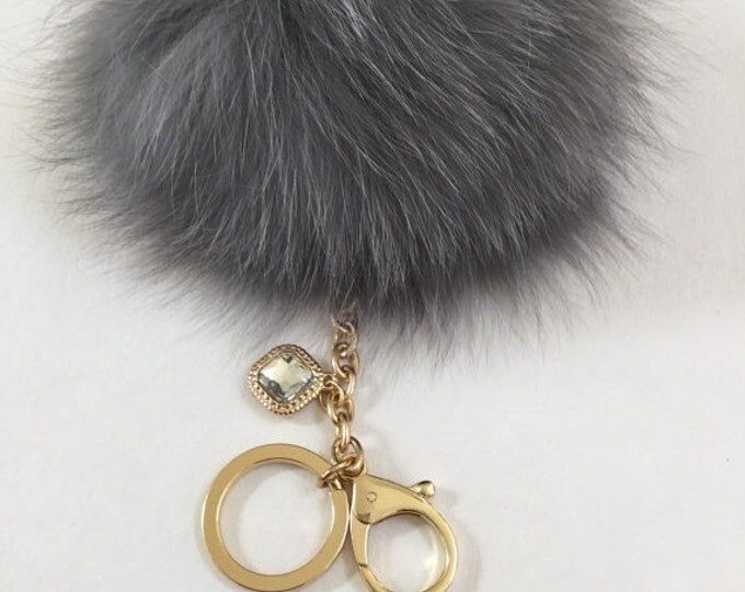 Light Gray Fox Fur Pom Pom keychain ball luxury bag pendant with clear crystal charm