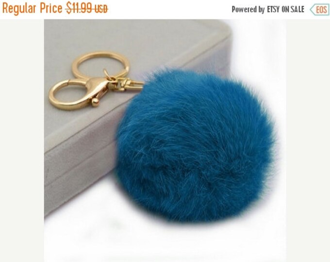 Cute Genuine Rabbit fur pom pom keychain for car key ring Bag Pendant lucky trinket deep blue