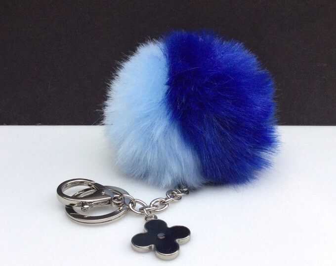 Faux Duo Light Blue Royal Blue Fur Pom Pom bag Keyring keychain pom pom fake fur ball