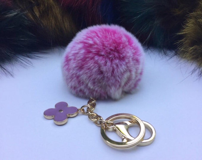 Hot Pink Frost fur pom pom keychain REX Rabbit real fur puff ball with flower bag charm keyring