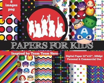 Digital Papers, Tsum Tsum Hero, Kids, Invitation, Background, Birthday, Clipart. Papers for Kids