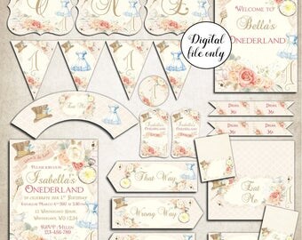 Alice in Wonderland Onederland Party Pack, Printable Party Decor, Alice Party, Alice Decoration, Onederland Invitation, Wonderland Party