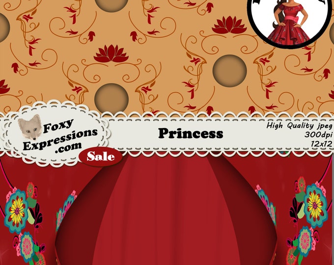Princess digital paper pack inspired by Princess Elena of Avalor. Designs include dress pattern, guitar, flowers, Jaquin pattern, & more