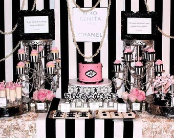 Chanel Themed Party, Paris Themed Party, Black and White Party Decor, Black and Pink Party, Striped Themed Party, Baby Shower, Bridal Shower