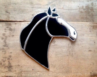 Black horse, horse art, stained glass art, black white silver, horse decor, black horse art, black white horse, western decor, country gift