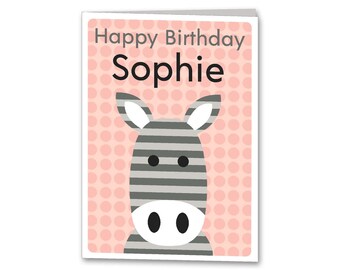 Childrens Birthday Card, Zebra Card, Personalised Zebra Greetings Card, Girls or Boys Animal Card, Kids Personalized Card