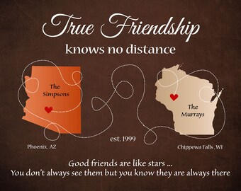 Gift for Friends, Christmas Gift for friends, Long Distance Friendship Map, Friends moving away, Housewarming Gift, Moving Away, Distance