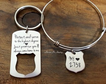Personalized Jewelry, Protect and Serve Police Badge Keychain &/or Necklace, Engraved Police Officer Gift, Police Officer/Wife Gift