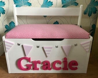 Personlised toy box, bench toy chest made to your specifications. Any name any colour and any theme.