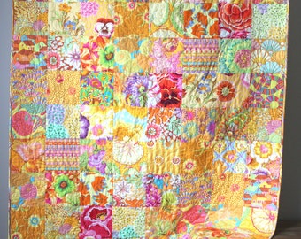 Yellow Lap Quilt- Kaffe Fassett Quilt- Modern Throw Quilt- Homemade Quilt- 2nd Anniversary Gift-Bohemian Quilt-Boho Quilt-Yellow Home Decor
