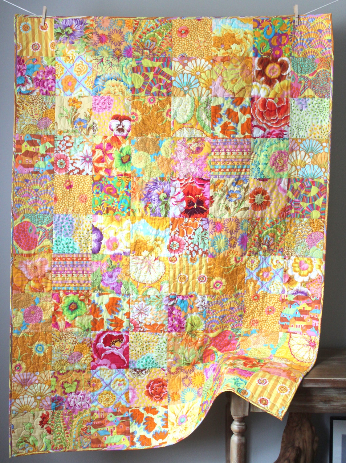 Yellow Lap Quilt Kaffe Fassett Quilt Modern Throw Quilt