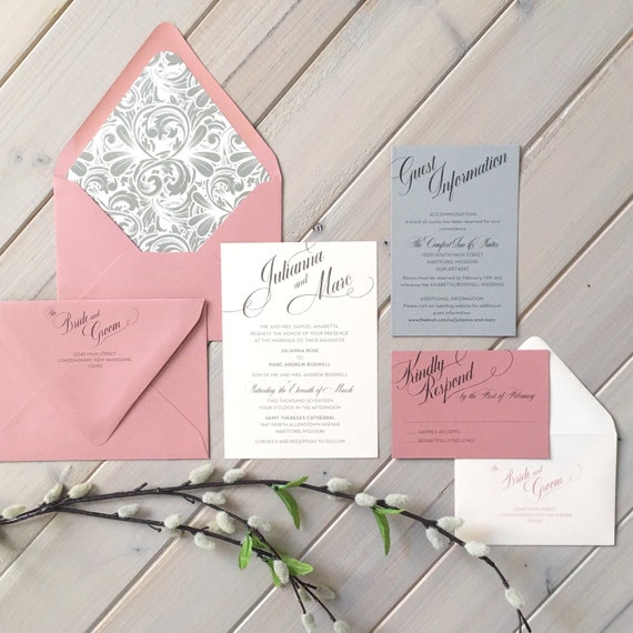 Dusty Rose Gray and Pale Pink Wedding Invitations with Floral