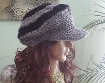 Newsboy Hat, Crochet Hat , Beret, Grey And Black Newsboy Hat
