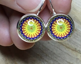 Mandala Yellow Zen, Fireworks Earring Cabochon, Graphics Zen, Circle Imperf Bohemian, Hippie Glass Dome, Small Cabochon Yellow,Colorful Zen