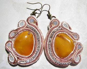 Amber earrings Honey earrings Soutache earrings Yellow earrings Handmade earrings Beaded earrings Baltic amber earrings Dangle Women gift