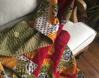 Vintage Kantha Quilt, Handmade Kantha Throw, Reversible Quilt, Boho Quilt