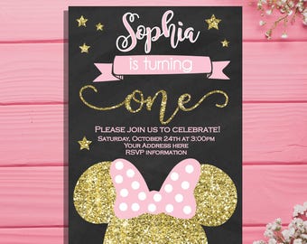 Minnie Mouse Birthday Invitation - Pink and Gold girls first birthday invitation - Chalkboard invites - minnie mouse birthday party