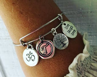 Bangle, bracelet,OM SIGN, initial charm, yoga jewelry, tree of life charm, live love laugh,silver alloy/bohemian bracelets