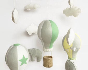 Baby Mobile / Hot Air Balloon Mobile / Crib Mobile / Felt Mobile / Elephant Wooden Mobile / Clouds Mobile / Nursery Mobile / Grey and Yellow