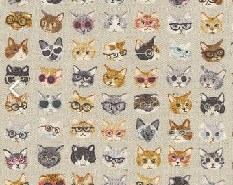 Tiny Cats in Glasses Animal World Cat Faces on Beige Kawaii Kokka Japanese Cotton Linen Canvas Fabric from Japan