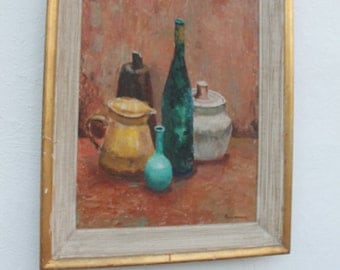 Vintage Still Life Bottles Painting By Alexander .