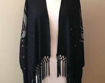 Black/Floral Fringe Kimono Top