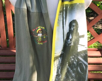 Bob Marley Scarf Jamaica No Problem, Giraffe Scarf, Handmade Camo Green n Gray Scarf, OOAK Birthday Gift For Her, unique artsy scarf reggae