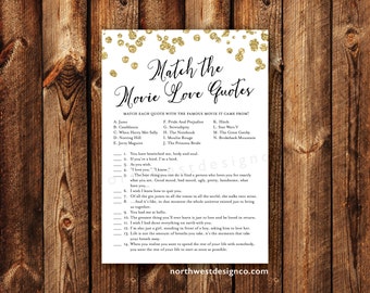 DIGITAL - Movie Love Quotes Bridal Shower Game Gold Bling Modern Printable Match the Love Quotes Instant Download Wedding Shower Game Card