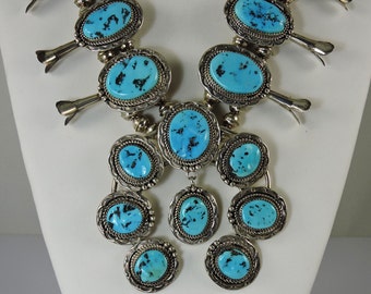 Kingman Turquoise Navajo Squash Blossom Necklace
