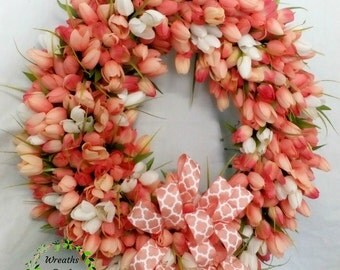 Tulip Wreath, Coral Tulip Wreath, Tulip Grapevine Wreath, Spring Tulip Wreath, Summer Tulip Wreath, Front Door Tulip Wreath, Tulip Decor