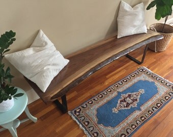Entryway Bench Live Edge Slab Coffee Table Console Table Steel Legs Rustic Industrial Mid Century Modern Black Walnut
