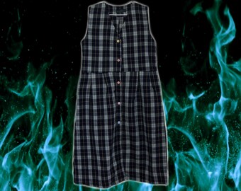 90s Black/White/Green/Yellow Plaid Maxi/Midi Tie Back Dress