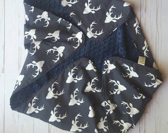 Navy Blue Deer minky Baby Blanket- woodland baby gift, baby shower gift, minky baby blanket, baby bedding, baby nursery, stroller blanket