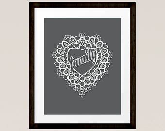 Family in Lace Love Heart cut out style, dark grey colour, Cottage Art Print, Family gift INSTANT DOWNLOAD